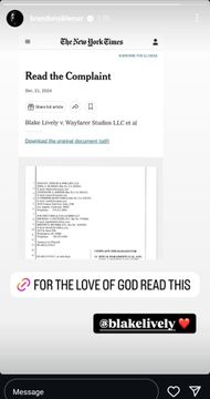 Brandon Sklenar's Instagram post with a link to Blake Lively's complaint filed against Justin Baldoni and Wayfarer Studios (Photo by Instagram/@brandonsklenar)